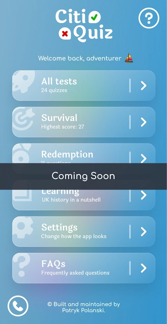 screenshot of CitiQuiz project